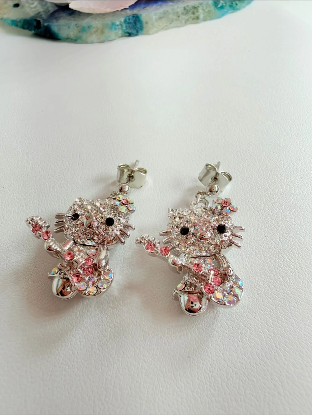 Crystal Cat Guitar Drop Earrings - Pink & Iridescent